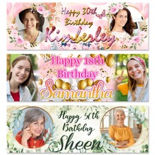 Personalised birthday banner custom photo balloon flower woman party decoration