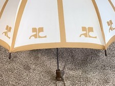Courreges VTG UMBRELLA LOGO HTF Y2K Designer parasol wood handle camel stripe