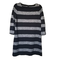 J Crew Shift Dress Womens S Black Gray Stripe 3/4 Slv Cotton Knit Casual Preppy