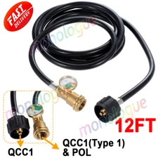 12 FT Propane Hose Extension w/ POL Gauge Acme to Male QCC1/POL Fittings for Gas