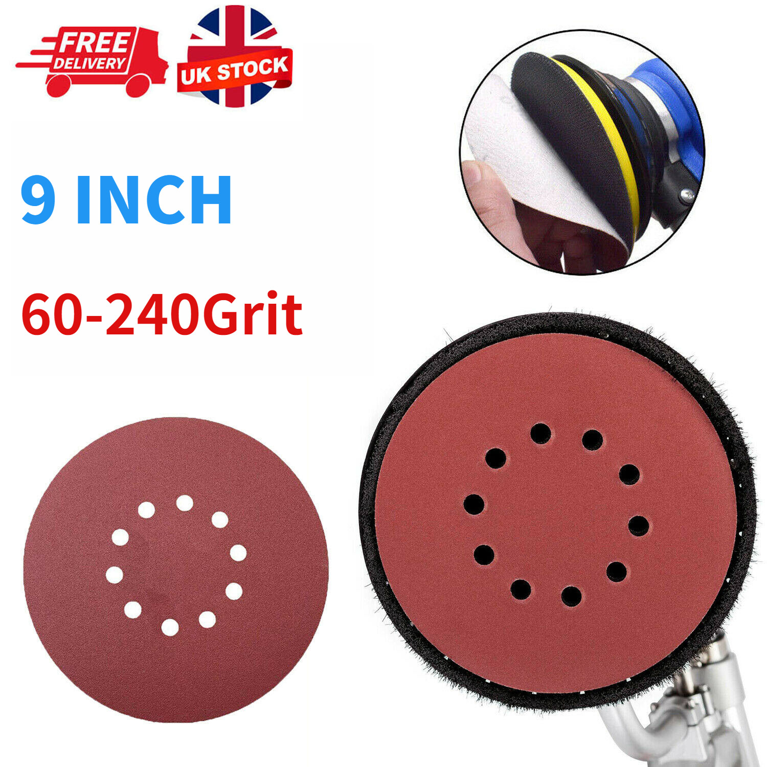 10PCs 225mm Sanding Discs 60240 Grit 10Hole Hook and Loop 9 Inch