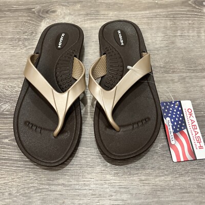 Okabashi Womens M/L Marina Brown Gold Therapeutic Insole Flip Flop New With Tags