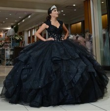 Black Quinceanera Dresses Ruffles Beaded Glitter Floral Sweet 15 16 Ball Gowns