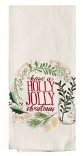 HAVE A HOLLY JOLLY CHRISTMAS Wreath on Ivory Krinkle Flour Sack Kitchen Towel