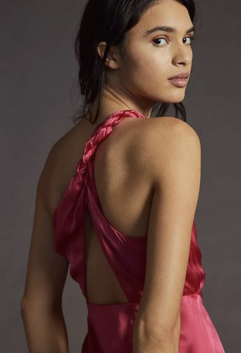 NWT $260 Anthropologie One-Shoulder Silk Midi Dress 10 Raspberry Pink Formal