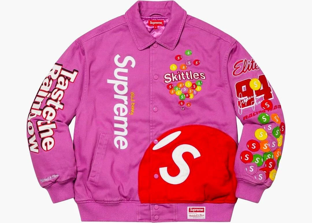 Veste universitaire Supreme x skittles x mitchel & ness L 2021 NEUVE AVEC ÉTIQUETTES