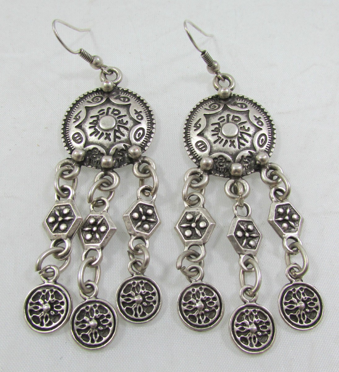 Pewter Dangling Sterling Earrings Egyptian Tribal Symbol Carvings 3