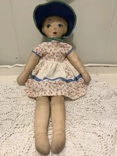 Vintage handmade cloth rag doll 1950s fabric bonnet floral dress Embroidered 21”