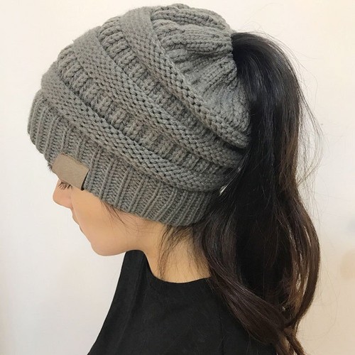 Womens Girl Stretchy Knit Hat Messy Bun Ponytail Beanie Holey Warm Caps Winter - Picture 9 of 22