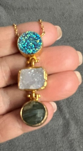 Triple Stone Pendant Necklace SUGAR & WHITE DRUZY CABRADORITE Marked Turkey
