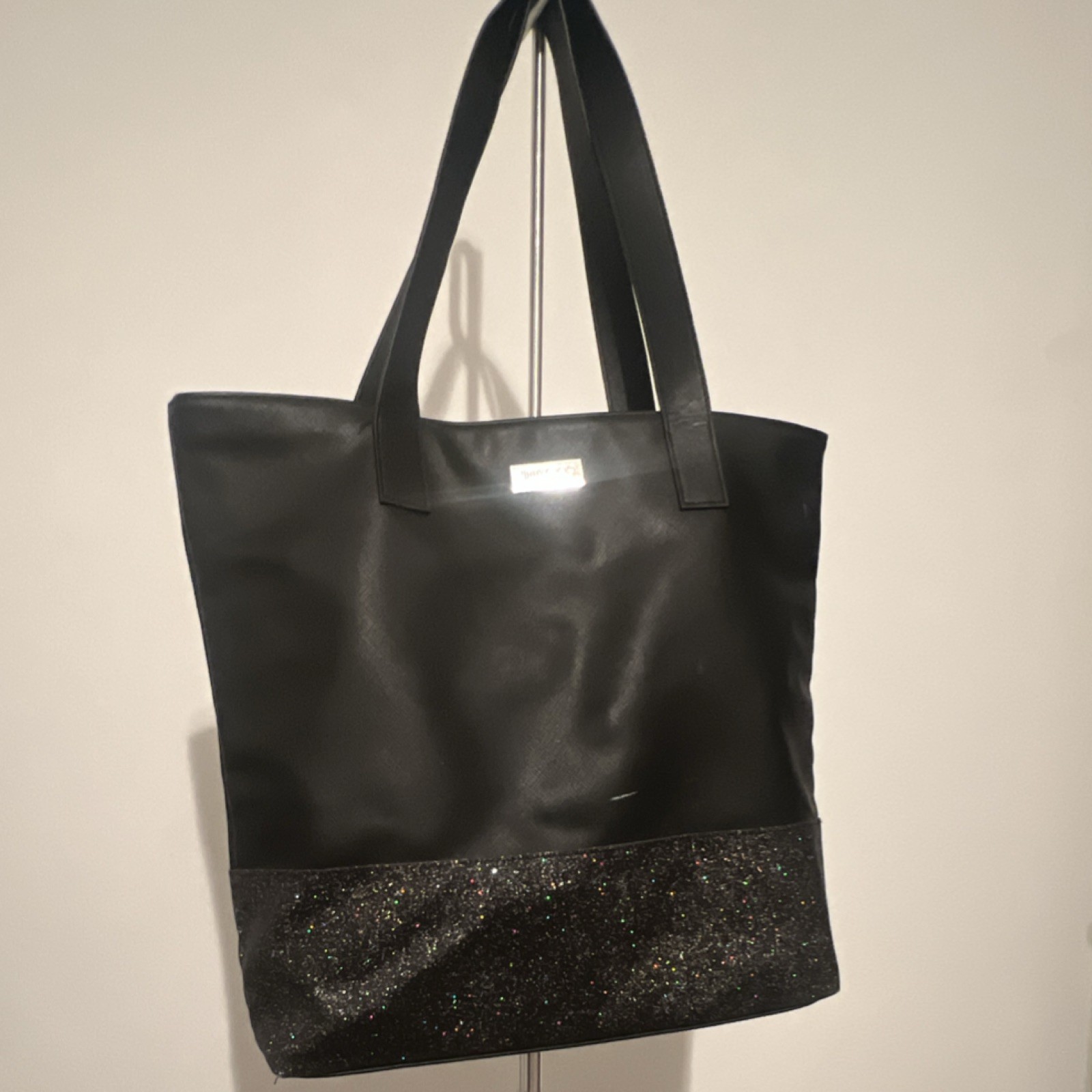 Jimmy Choo Black Tote Bag Glitter Accent Logo Plaque Shoulder Strap