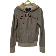 American Eagle Grey Sherpa Lined Full Zip Hoodie Y2K Burgundy Logo XS