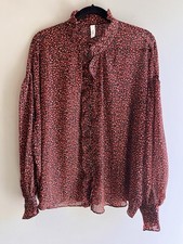 Mango Women’s Red Black Ruffle Long Sleeve Blouse Size 10 Lightweight