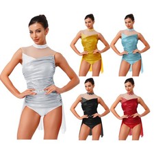Womens Dress Cutout Bodysuit Gymnastics Dancewear Rhinestones Leotard Mesh Back