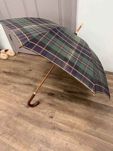 Vintage Polo Ralph Lauren Classic Plaid Blue Green Golf Umbrella Wood Decor