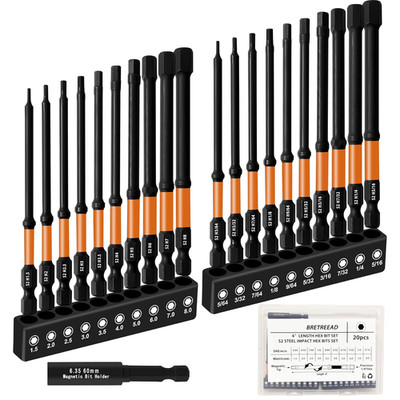 Impact 4   Long Hex Head Allen Wrench Drill Bit Set 20PCS(Metric & SAE), 1/4 ...