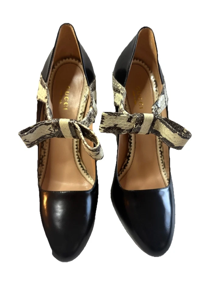 GUCCI Nimue Bow Polished Leather Pumps Heel Size 39/8 US -Black EUC - Image 3 of 4