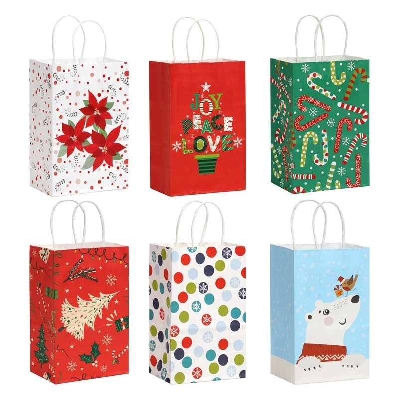 12Pack Small Christmas Gift Bags - 6 Festive Designs with Handles, Paper Holiday