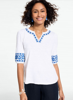 Talbots Women's Embroidered Split Neck Top, WHITE