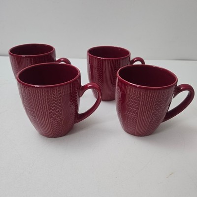 4 Textured Embossed Red Cable Knit Sweater Coffee Mugs Cups Royal Norfolk