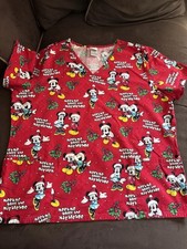 EUC Winter Holiday Christmas Disney Mickey Minnie Mistletoe Scrub Top Size XL