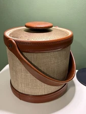 Vintage Kraftware Ice Bucket Brown Tweed Barware Faux Leather Handle Lid MCM