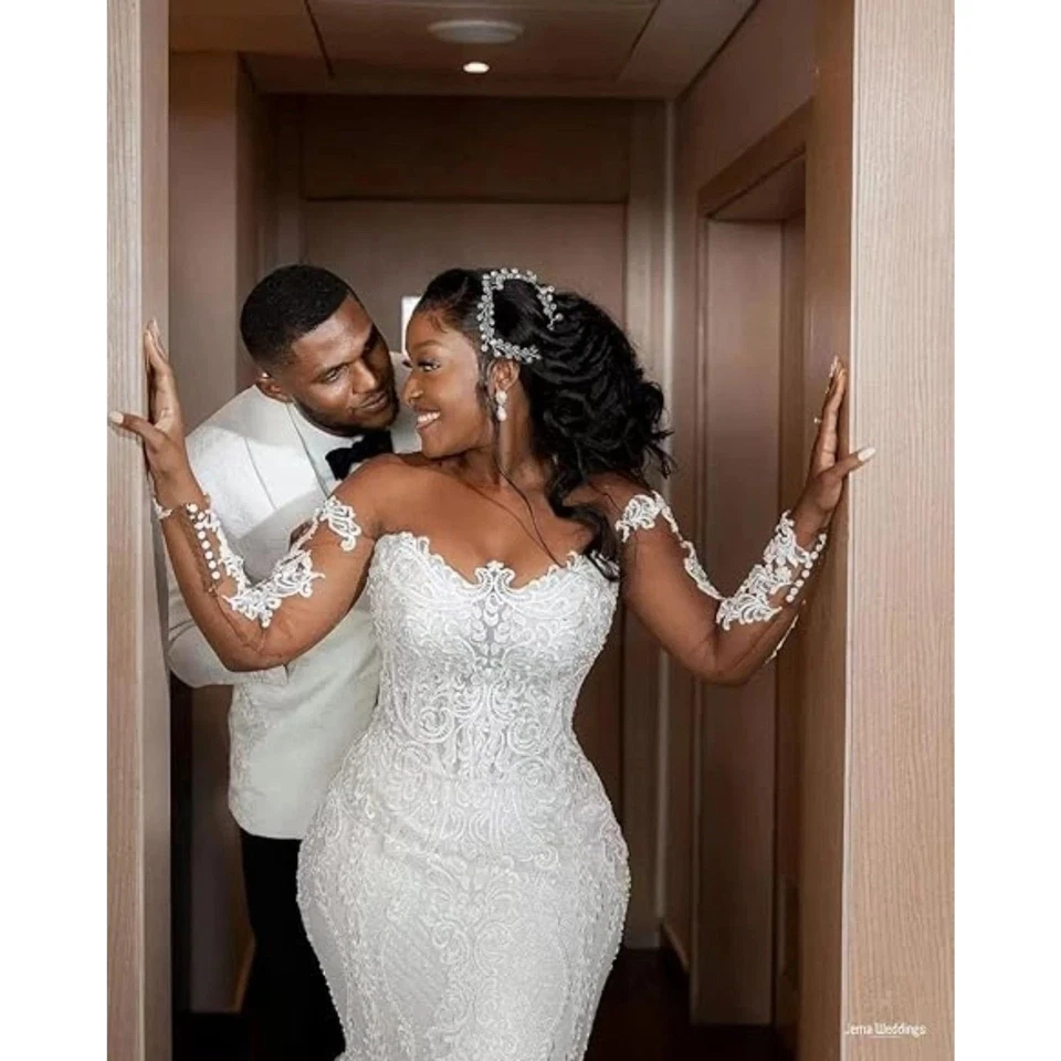 IS-NUEVO CON ETIQUETAS US12 Vestido de Boda Sirena Encaje Apliques Playa Boho Vestidos de Boda Con Cuentas Foto 3 de 4