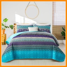 Boho Queen Quilt Set, Blue Purple Bohemian Queen Quilt Bedding Set, Lightweig...