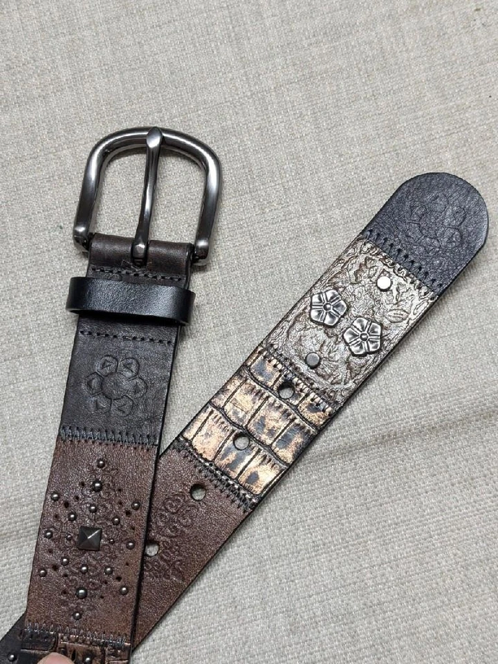 Cinturón de cuero vintage Y2K FOSSIL patchwork 34 floral ESTUCHADO cuero de vaca mecanizado Foto 4 de 4