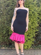 Vintage 1980s Party Dress Strapless Black Tube Dress Pink Ruffle Hem 10 12