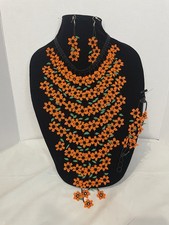 Handmade Beaded Necklace, Bracelet  Earrings Set. Orange multicolor 