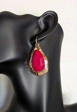 Gold Teardrop Earrings With Fushia Red Stone Dangle Statement Bold