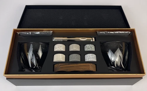 Whiskey Boxed Gift Set Premium Whiskey Glasses Stones Tongs Coasters Tray Unused