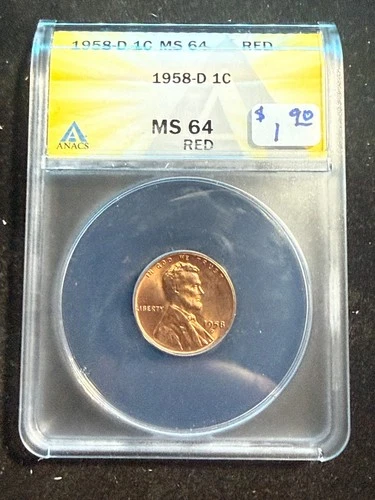 1958 D LINCOLN WHEAT CENT ANACS MS 64 RD 246