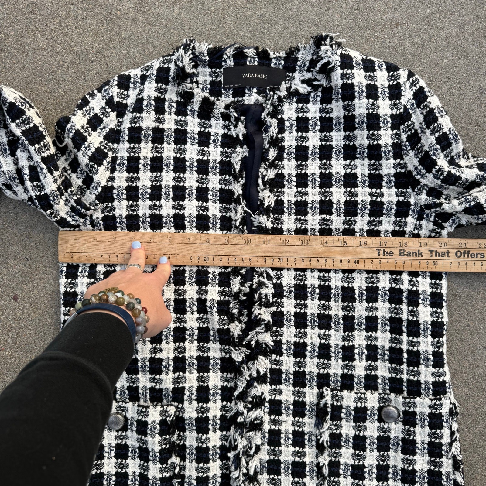 Zara Basic Black White Boucle Tweed Houndstooth Fringe Jacket NWT Large thumbnail 10