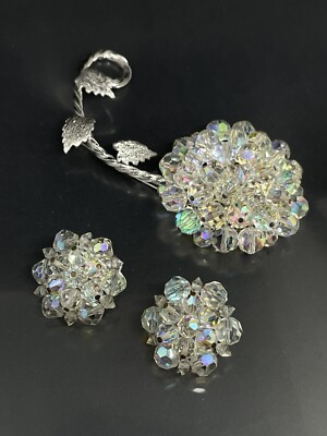 Vintage SilverTone Aurora Borealis Beads Floral Pin Brooch Clip-On Earrings Set
