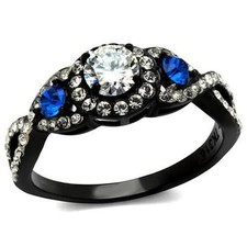1.50 ct Round Blue cz Halo Black Stainless Steel Wedding Promise Ring