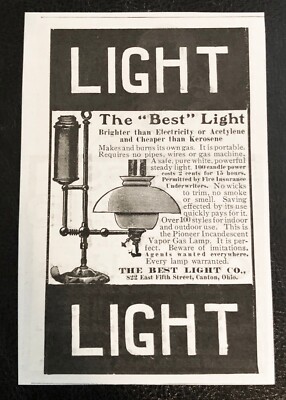 Antique c1890s THE BEST LIGHT CO Vtg Pioneer Vapor Gas Lamp Print Ad~Canton,Ohio