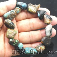 Blue Turquoise Bracelet Rough Nugget Beads Kingman Stretch Healing Stone 7.5"