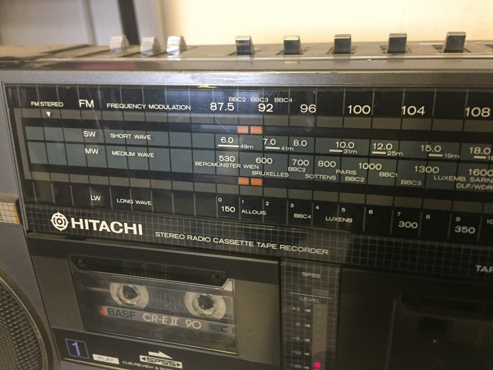 A 1980s Hitachi TRK-W55W twin radio cassette ghetto blaster