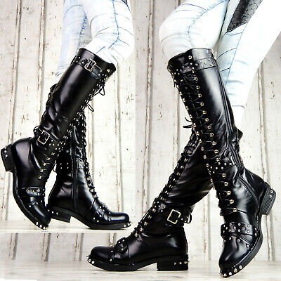 Neu Designer Damen Schuhe Biker Stiefel Boots Nieten Schnallen Gothic Look Ebay