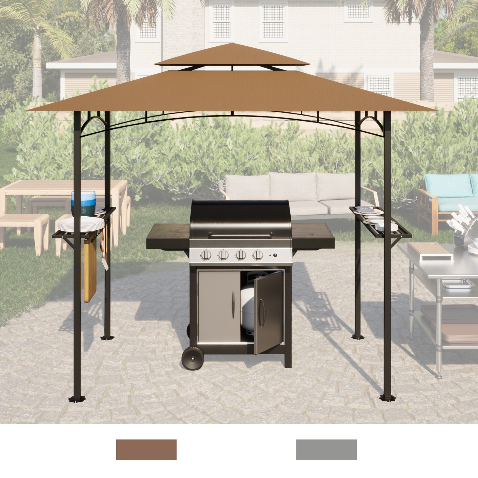 8 x 5 ft Outdoor Gazebo Hard Top BBQ Pergola Grill Canopy with 2-Tier ...