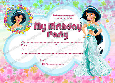 Personalised Disneys Aladdin & Jasmine Birthday Party invites Inc Envleopes Q2