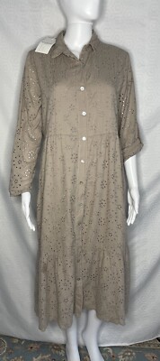 Laura Bianchi Eyelet Italian Dress S Taupe Beige Midi New NWT