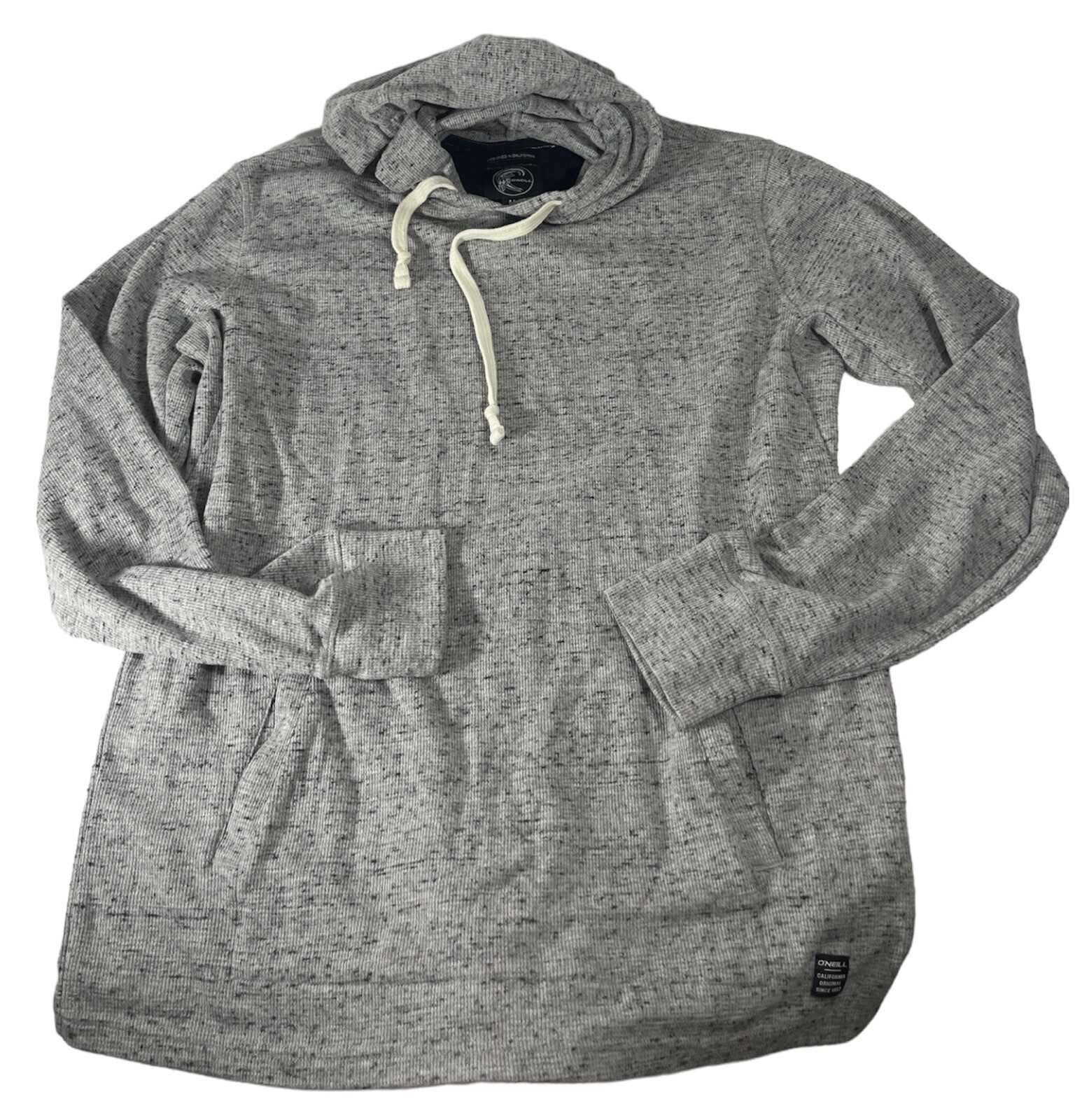 O’NEILL Pullover Hoodie M Grey Speck Waffle Knit Thermal Lightweight Cotton Knit