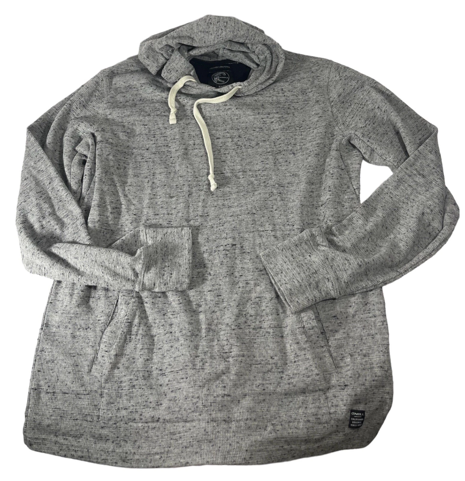 O’NEILL Pullover Hoodie M Grey Speck Waffle Knit Thermal Lightweight Cotton Knit