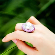 Classy Silver Plated Pink Red CZ Bright Women Oval Pearl Ring Adjustable Costume