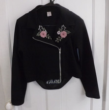 NEW no tags girls BLACK dress zipper jacket w/ PINK embroidered flowers LARGE