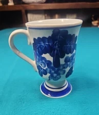 Vintage Blue Footed Cup With Grapes And Leaves Coffee Tea Espresso