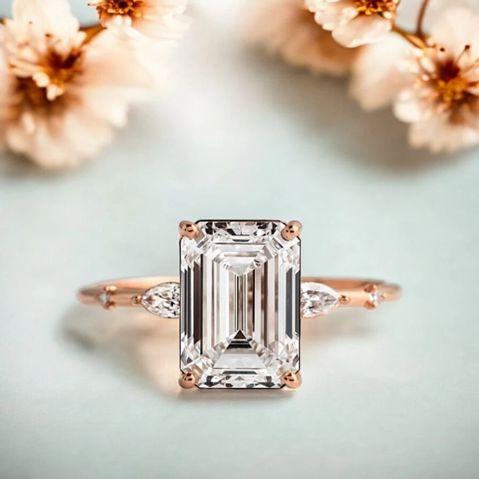 Diamond 14k Rose Gold Ring Lab Grown Emerald 2.7 Carat IGI Certified Size 6 7 8 - Image 3 of 4